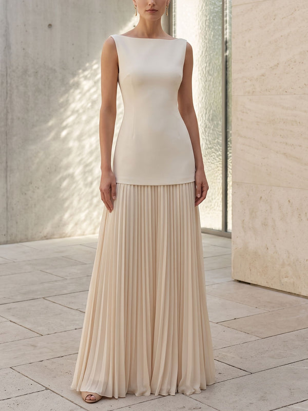 A-Line Evening Dress Chiffon White Pleated Classic Boat Neck Sleeveless Elegant Floor-length Party Gown Dress
