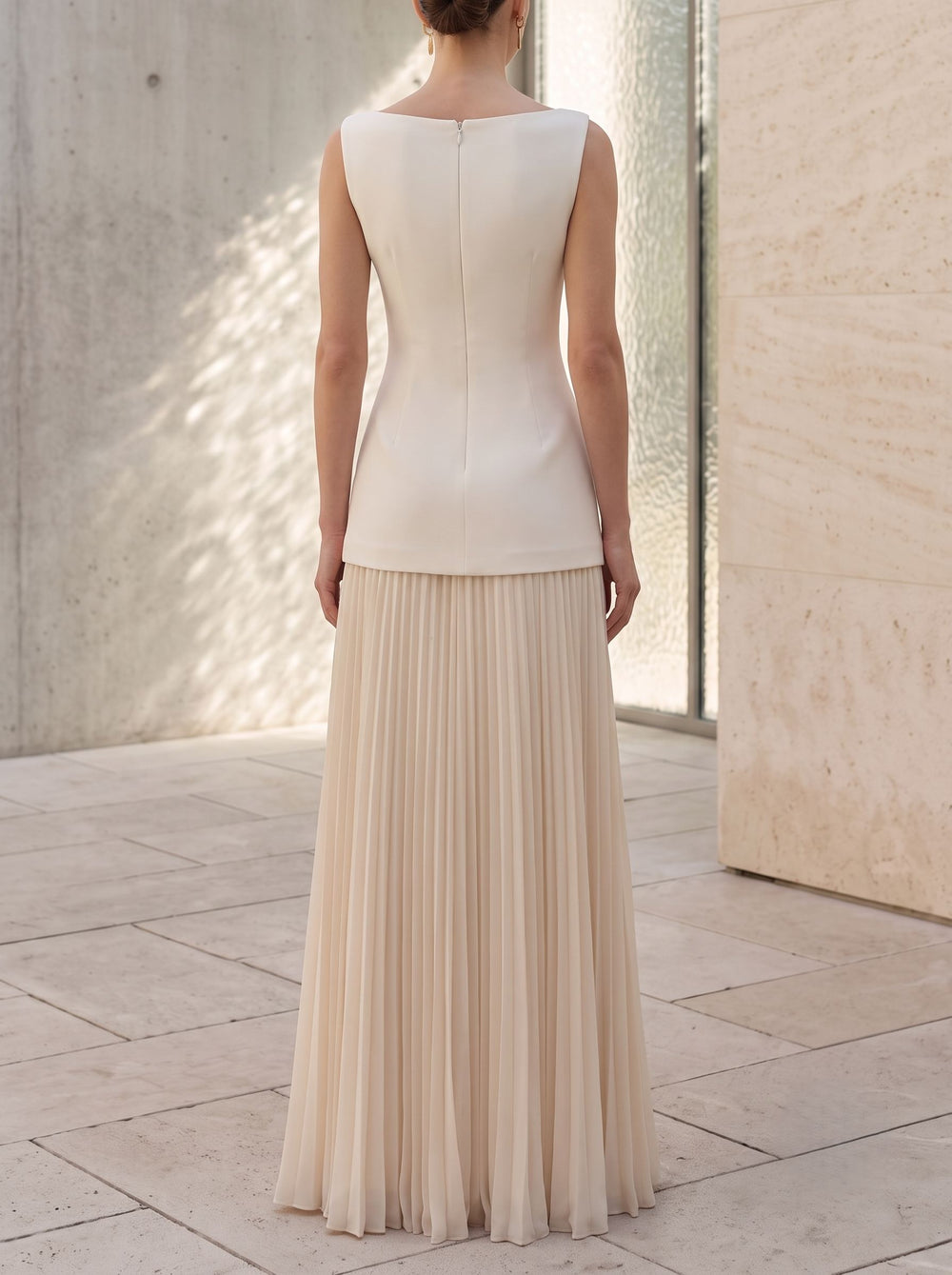 A-Line Evening Dress Chiffon White Pleated Classic Boat Neck Sleeveless Elegant Floor-length Party Gown Dress