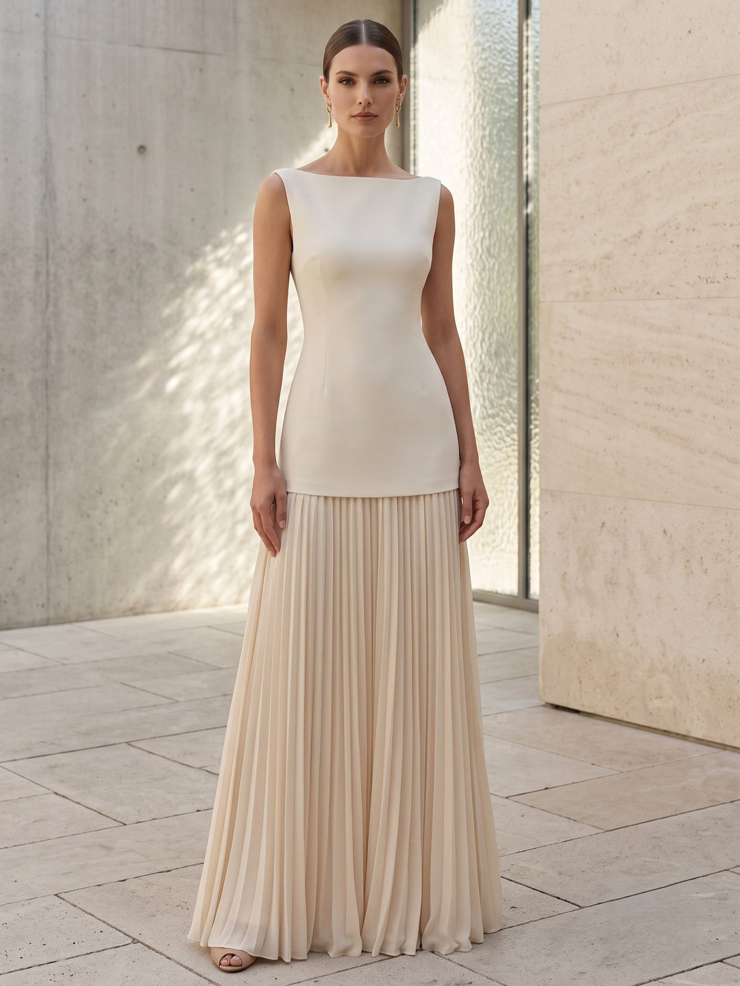 A-Line Evening Dress Chiffon White Pleated Classic Boat Neck Sleeveless Elegant Floor-length Party Gown Dress