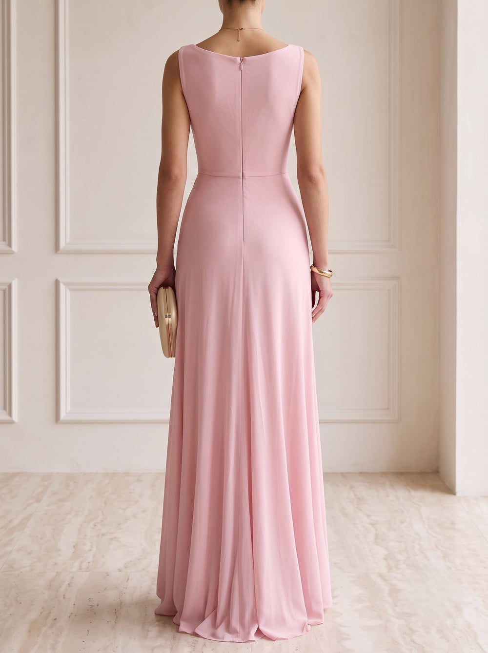 A-Line Evening Dress Runched Pink Chiffon Elegant  Boat Neck Floor-length Party Gown Dress 