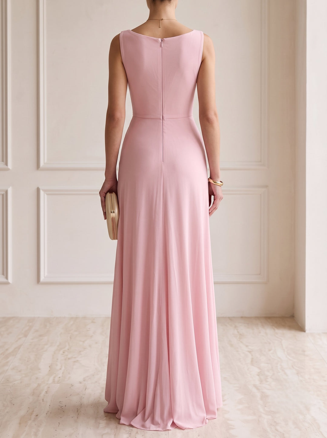 A-Line Evening Dress Runched Pink Chiffon Elegant  Boat Neck Floor-length Party Gown Dress 