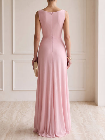 A-Line Evening Dress Runched Pink Chiffon Elegant  Boat Neck Floor-length Party Gown Dress 