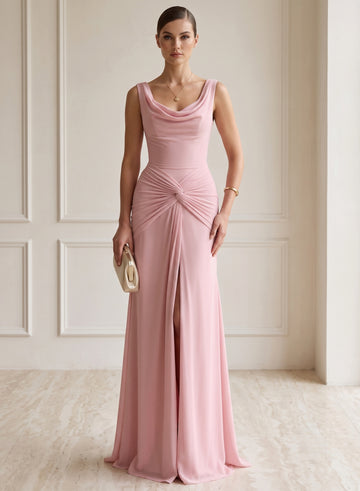 A-Line Evening Dress Runched Pink Chiffon Elegant  Boat Neck Floor-length Party Gown Dress 
