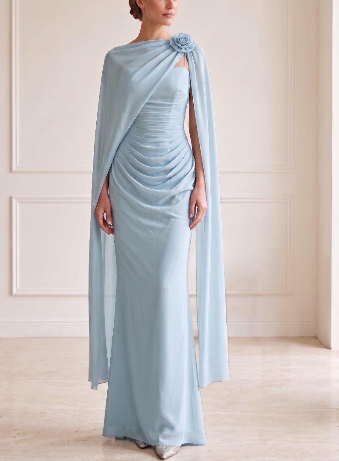 Sheath Evening Dress Chiffon Light Blue Classic Cap Sleeve Elegant  Boat Neck Floor-length Party Gown Dress With 3D Floral