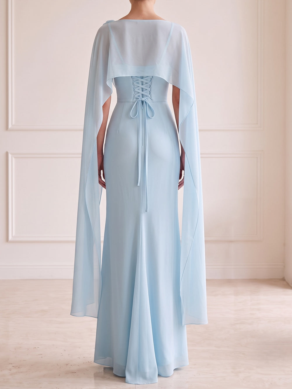 Sheath Evening Dress Chiffon Light Blue Classic Cap Sleeve Elegant  Boat Neck Floor-length Party Gown Dress With 3D Floral