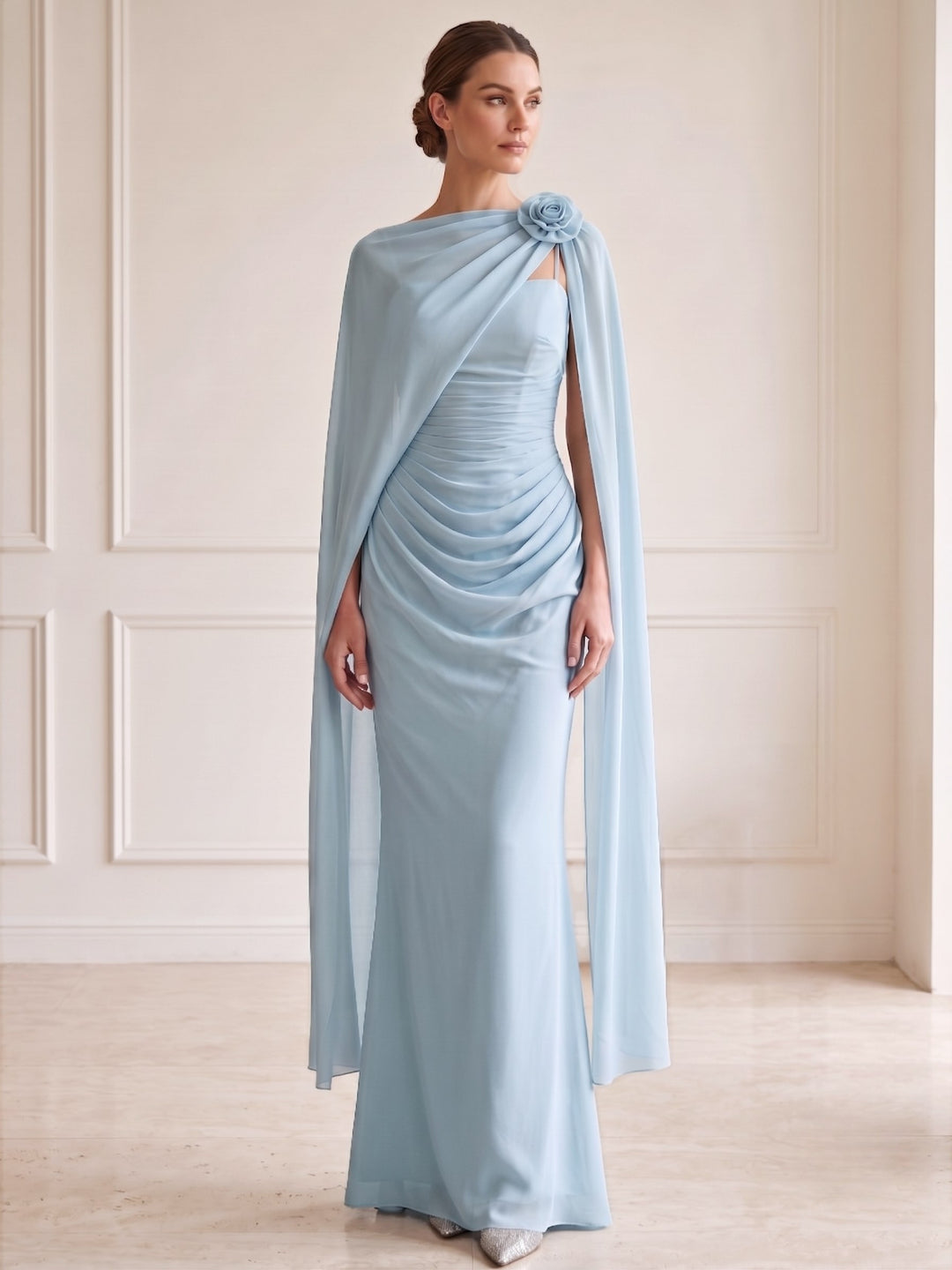 Sheath Evening Dress Chiffon Light Blue Classic Cap Sleeve Elegant  Boat Neck Floor-length Party Gown Dress With 3D Floral
