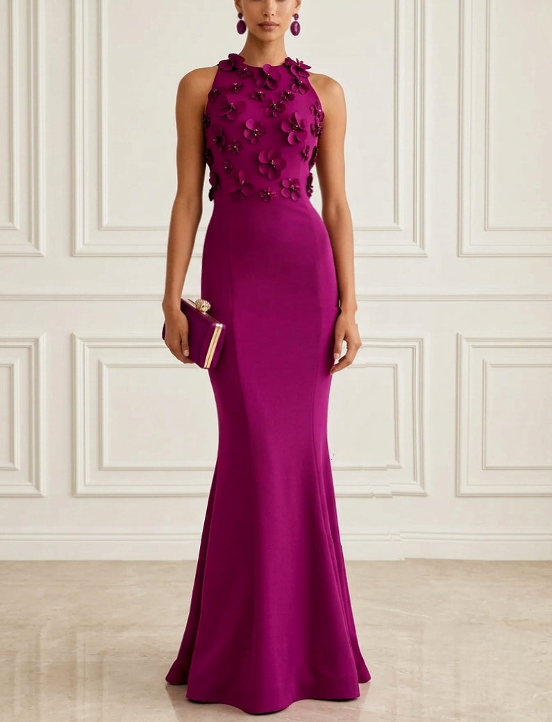 Mermaid Evening Dress Purple 3D Floral Classic Sleeveless Elegant Boat Neck Floor-length Party Gown Dress