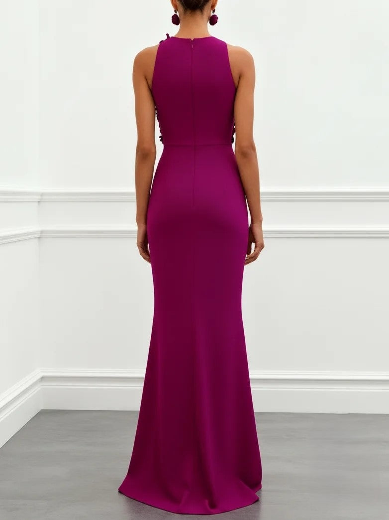 Mermaid Evening Dress Purple 3D Floral Classic Sleeveless Elegant Boat Neck Floor-length Party Gown Dress
