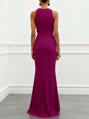 Mermaid Evening Dress Purple 3D Floral Classic Sleeveless Elegant Boat Neck Floor-length Party Gown Dress