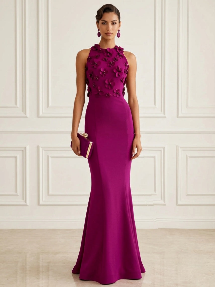 Mermaid Evening Dress Purple 3D Floral Classic Sleeveless Elegant Boat Neck Floor-length Party Gown Dress