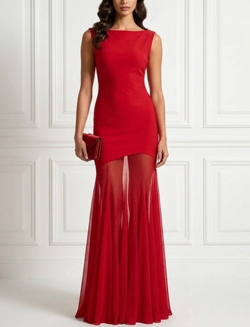 Mermaid Evening Dress Red Mesh Classic Boat Neck Sleeveless Floor-length Gown Dress
