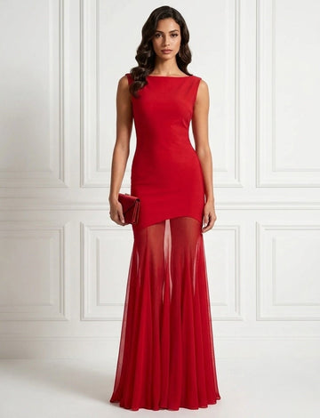 Mermaid Evening Dress Red Mesh Classic Boat Neck Sleeveless Floor-length Gown Dress