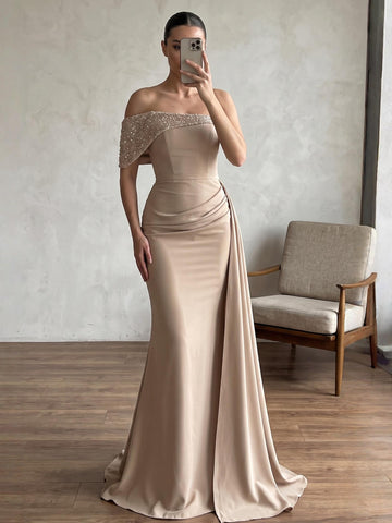 Sheath/Column Evening Dress One-Shoulder Sleeveless Elastic Satin Evening Gown With Beading