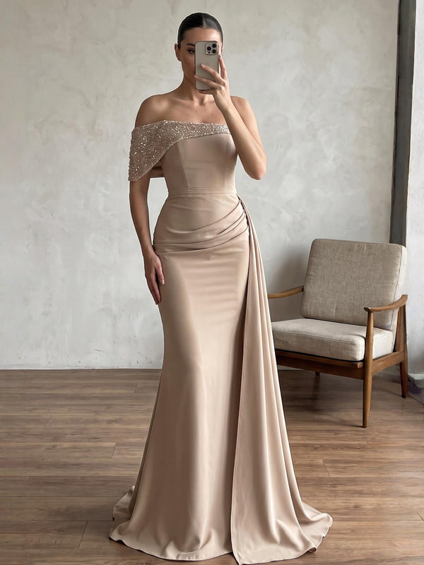 Sheath/Column Evening Dress One-Shoulder Sleeveless Elastic Satin Evening Gown With Beading