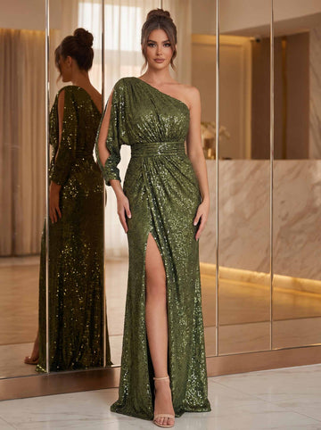 A-Line Evening Dress Sequined Green Sleeveless One Shoulder Evening Gown With Slit
