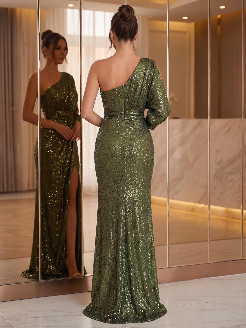 A-Line Evening Dress Sequined Green Sleeveless One Shoulder Evening Gown With Slit