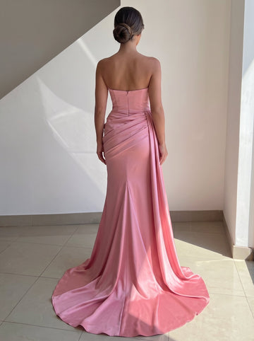 A-Line Evening Dress Satin Pink One Shoulder Evening Gown With Slit