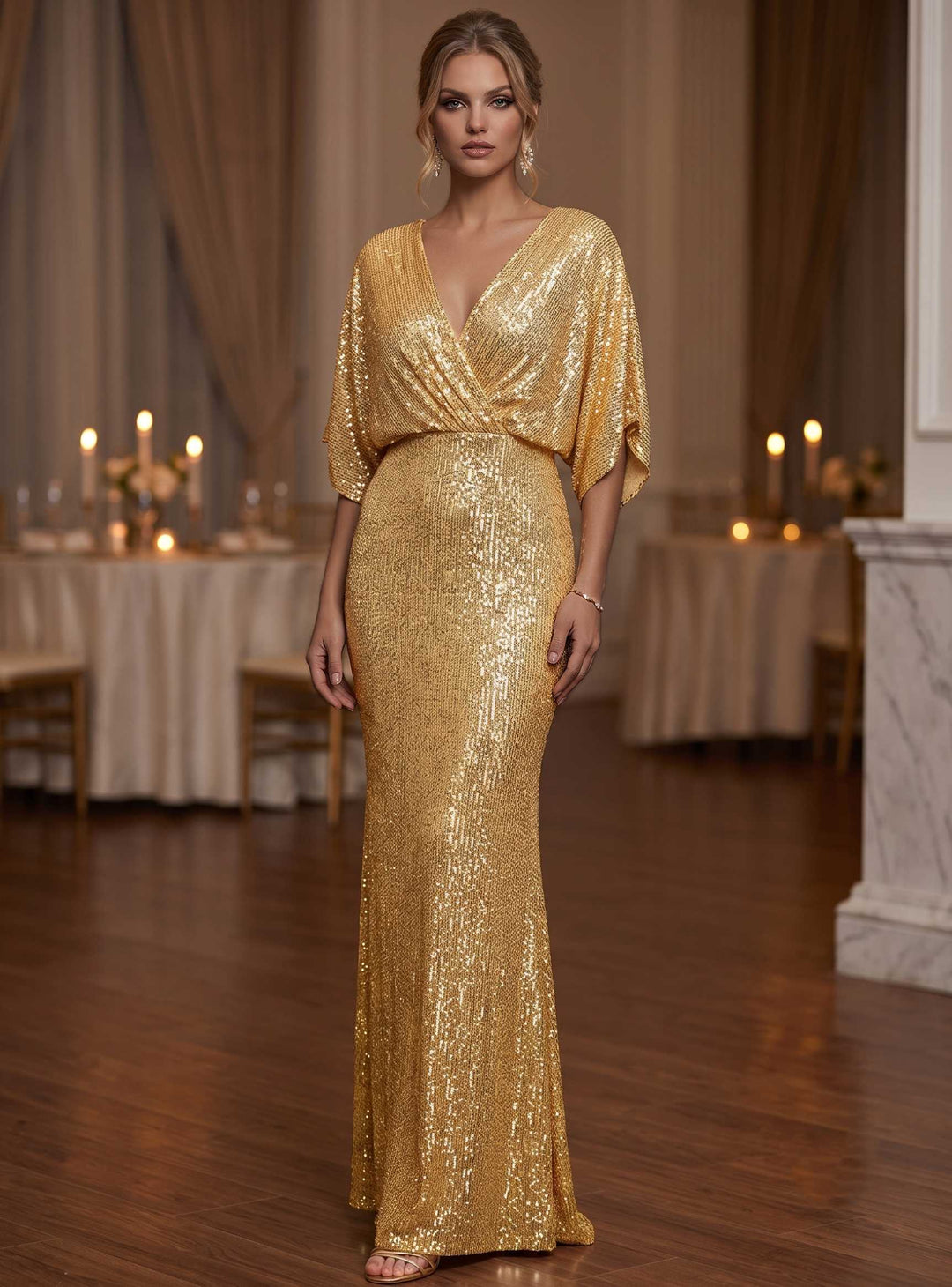 Sheath/Column Evening Dresses V-Neck 3/4 Sleeves Floor-Length Sequined Evening Gown