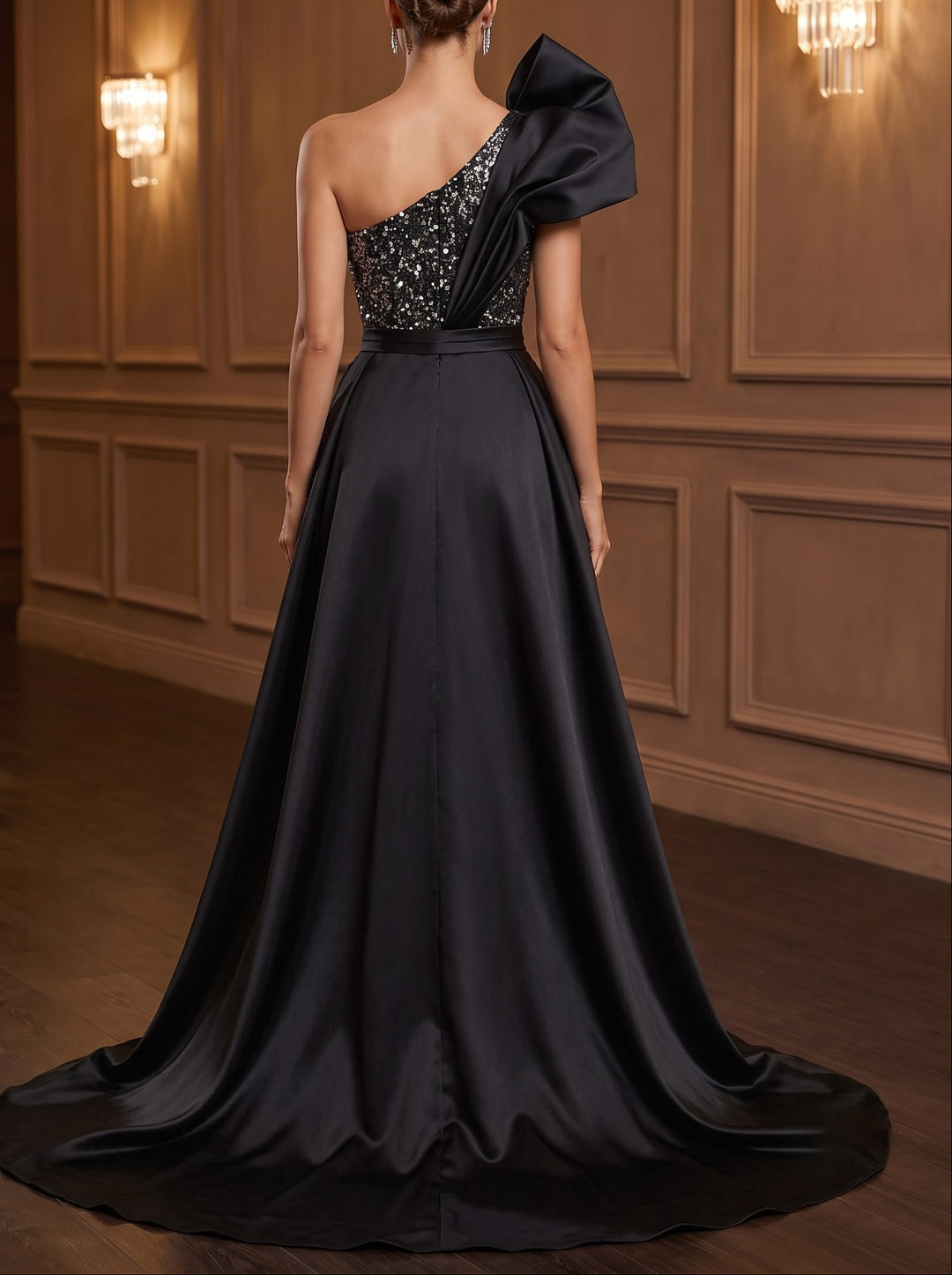 Sheath/Column Evening Dresses One-Shoulder Sleeveless Sweep Train Satin Wedding Dress With Bow Overskirt Dress