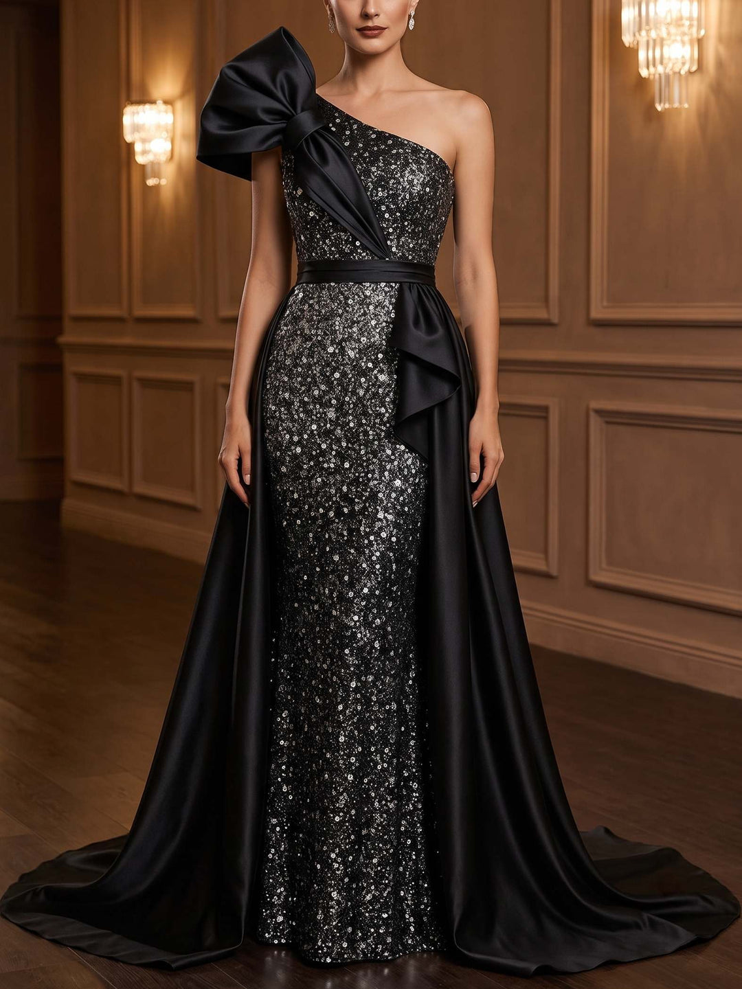 Sheath/Column Evening Dresses One-Shoulder Sleeveless Sweep Train Satin Wedding Dress With Bow Overskirt Dress 