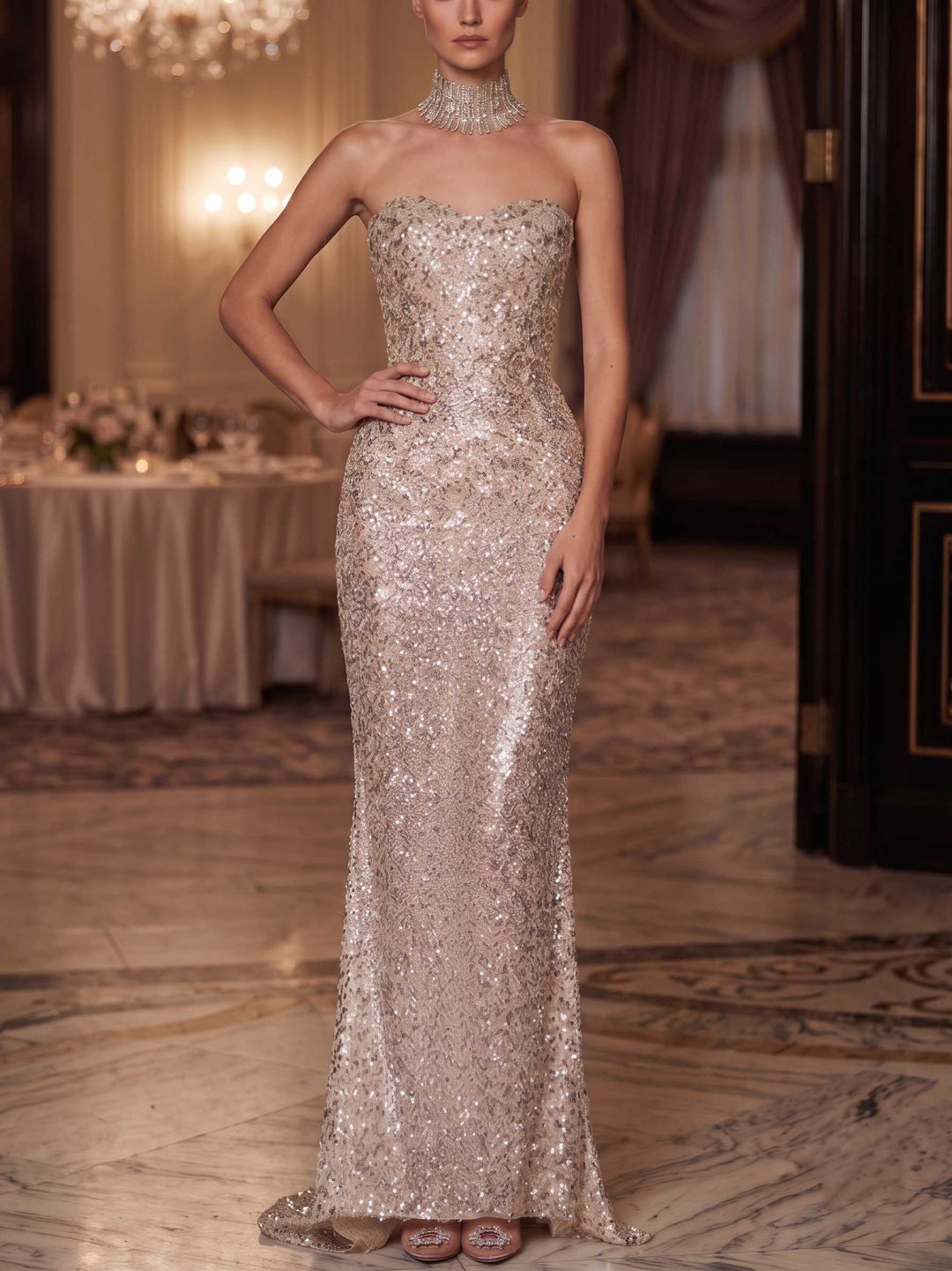 Sheath/Column Evening Dresses Strapless Sleeveless Sequined Sexy Evening Gown