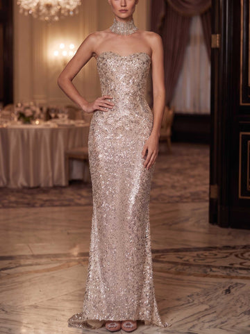Sheath/Column Evening Dresses Strapless Sleeveless Sequined Sexy Evening Gown