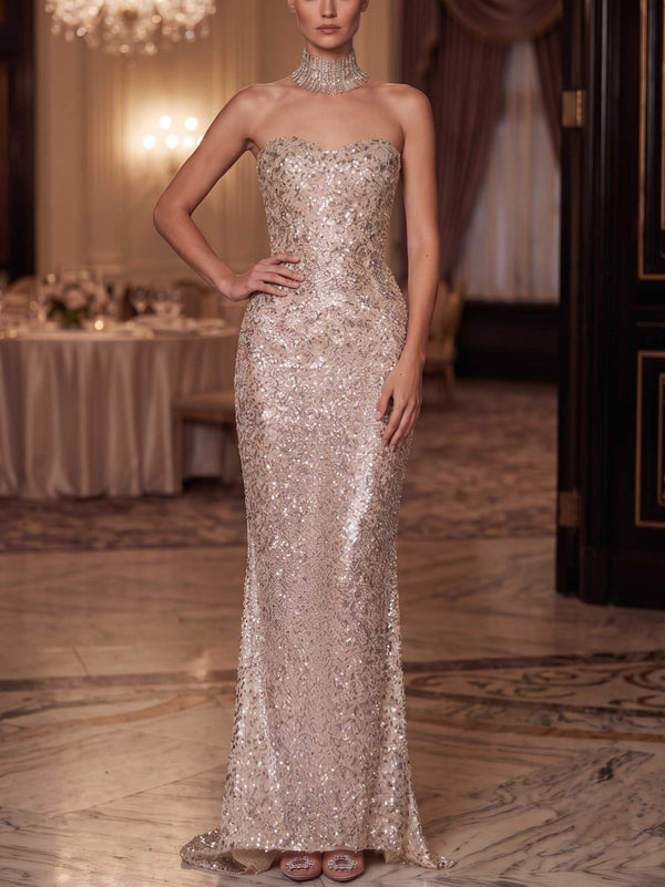 Sheath/Column Evening Dresses Strapless Sleeveless Sequined Sexy Evening Gown