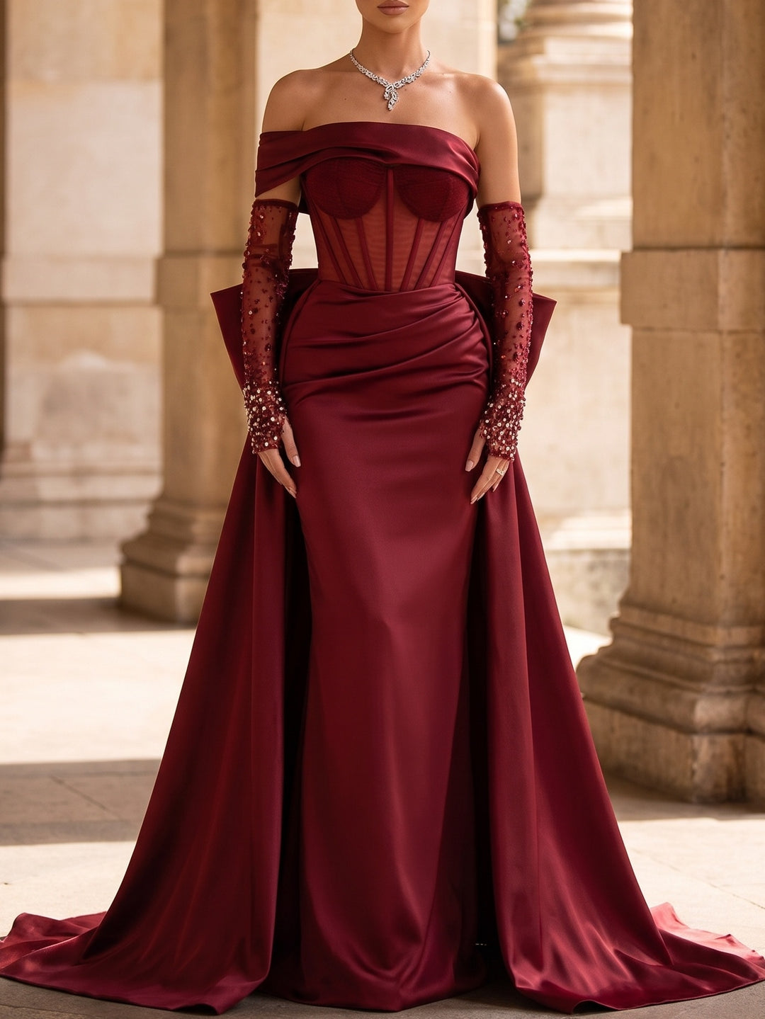 A-Line Evening Dress Red Sparkly Off The Shoulder Beading Strapless With Overskirt Bowknot