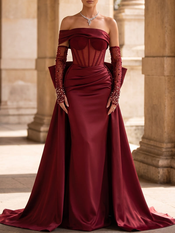A-Line Evening Dress Red Sparkly Off The Shoulder Beading Strapless With Overskirt Bowknot