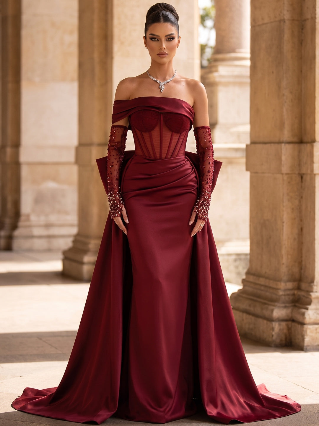 A-Line Evening Dress Red Sparkly Off The Shoulder Beading Strapless With Overskirt Bowknot