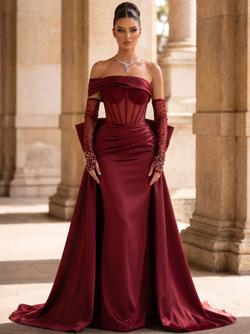 A-Line Evening Dress Red Sparkly Off The Shoulder Beading Strapless With Overskirt Bowknot