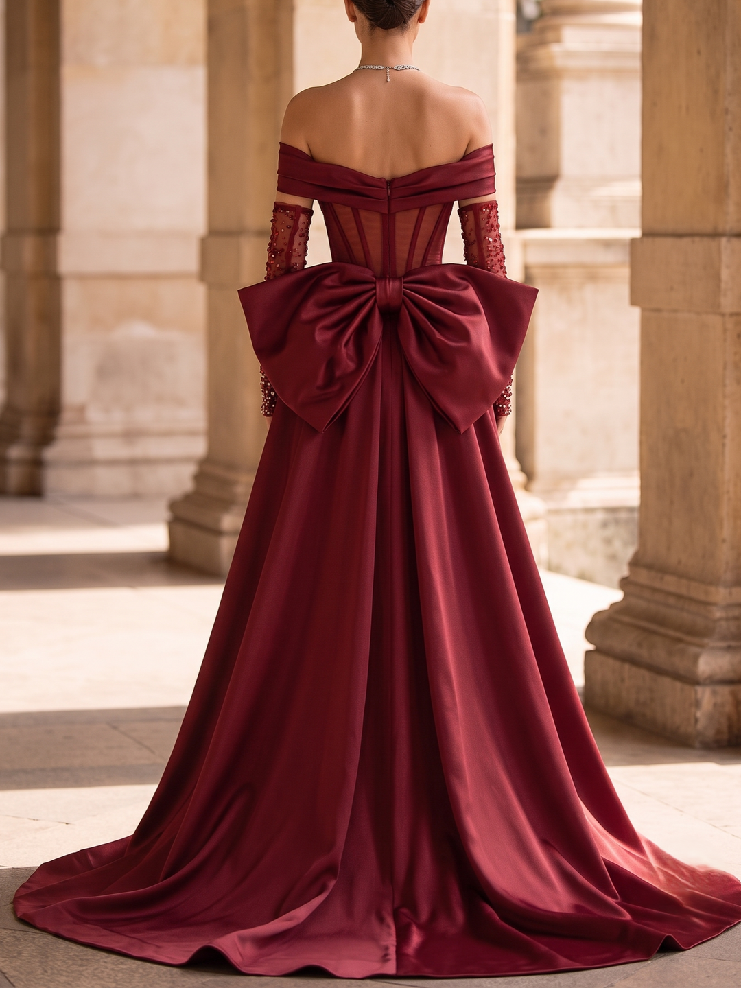 A-Line Evening Dress Red Sparkly Off The Shoulder Beading Strapless With Overskirt Bowknot