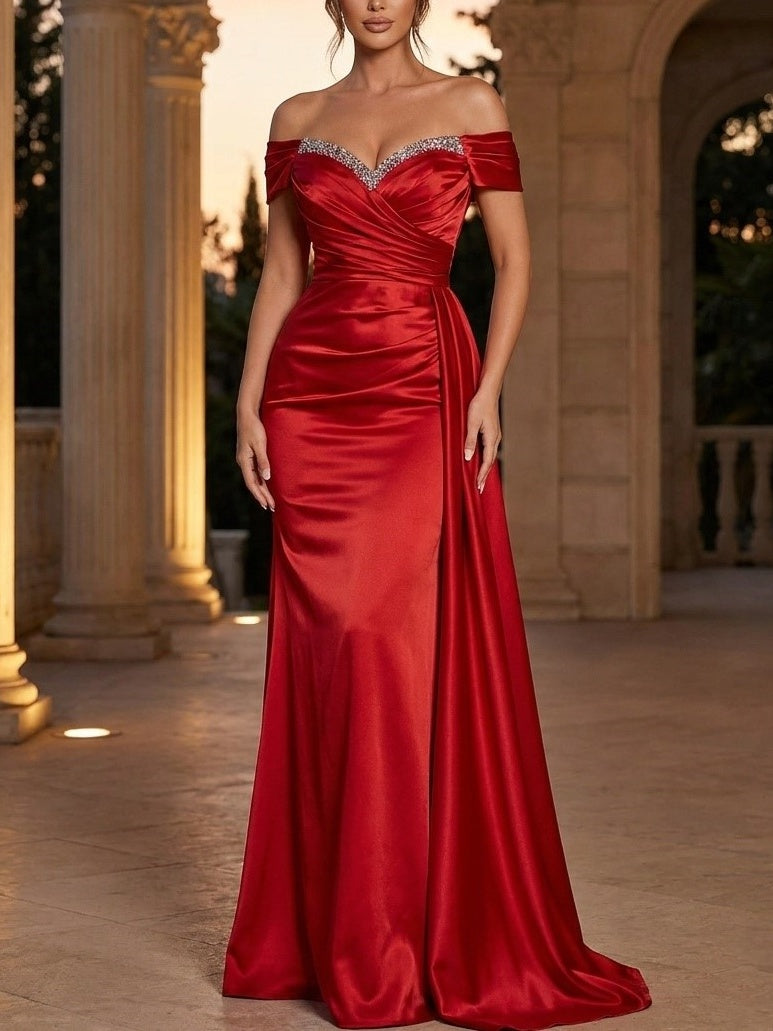 Sheath/Column Evening Gown Off-The-Shoulder Sweep Train Red Satin Evening Dresses With Rhinestone 