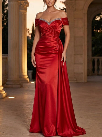 Sheath/Column Evening Gown Off-The-Shoulder Sweep Train Red Satin Evening Dresses With Rhinestone 