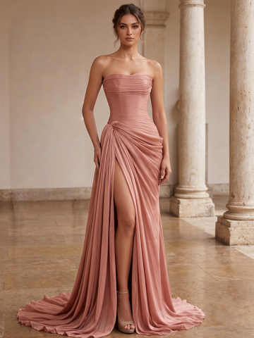 A-Line Evening Dresse Pink Satin Strapless Runched With High Split