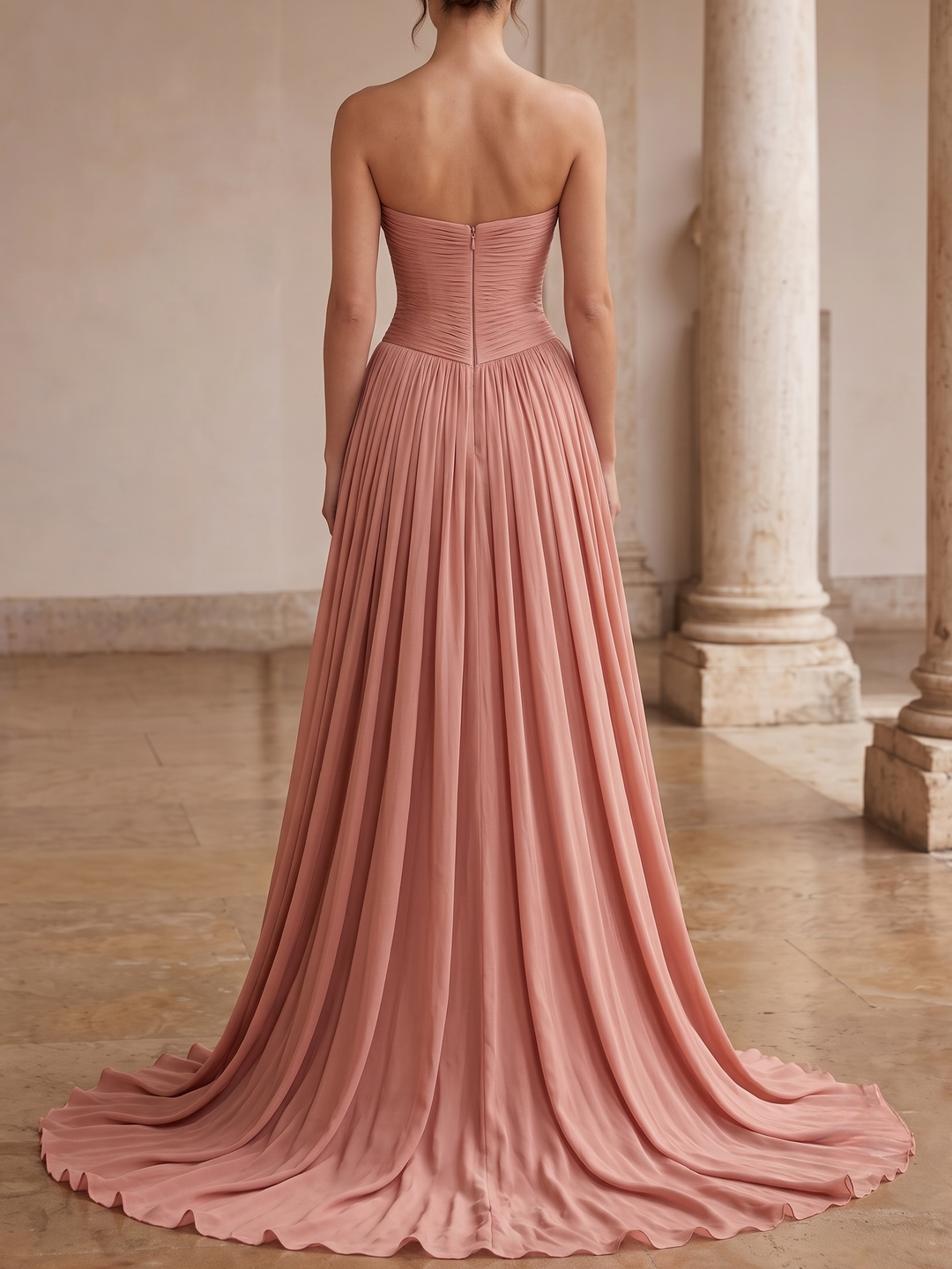 A-Line Evening Dresse Pink Satin Strapless Runched With High Split
