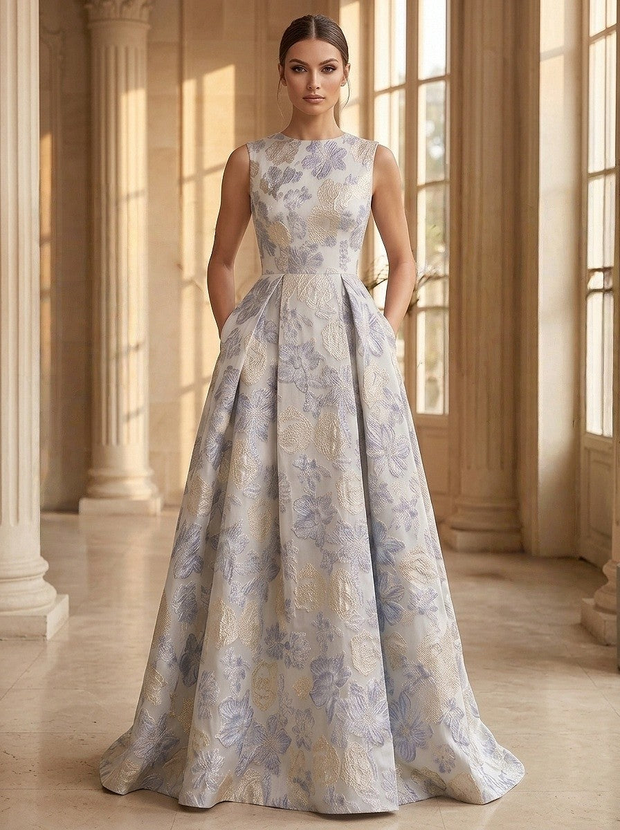 A-Line/Princess Evening Gown Elegant Jacquard Floral Blue Scoop Neck Sleevelss Floor-Length Dress