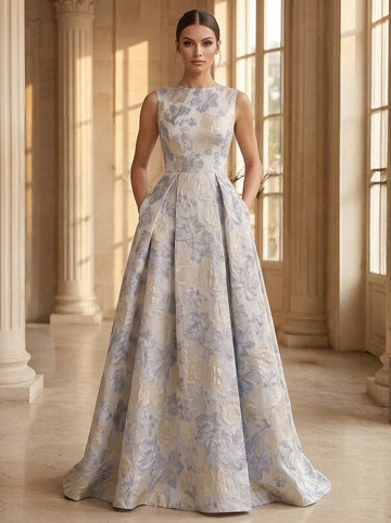 A-Line/Princess Evening Gown Elegant Jacquard Floral Blue Scoop Neck Sleevelss Floor-Length Dress