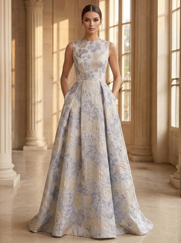 A-Line/Princess Evening Gown Elegant Jacquard Floral Blue Scoop Neck Sleevelss Floor-Length Dress