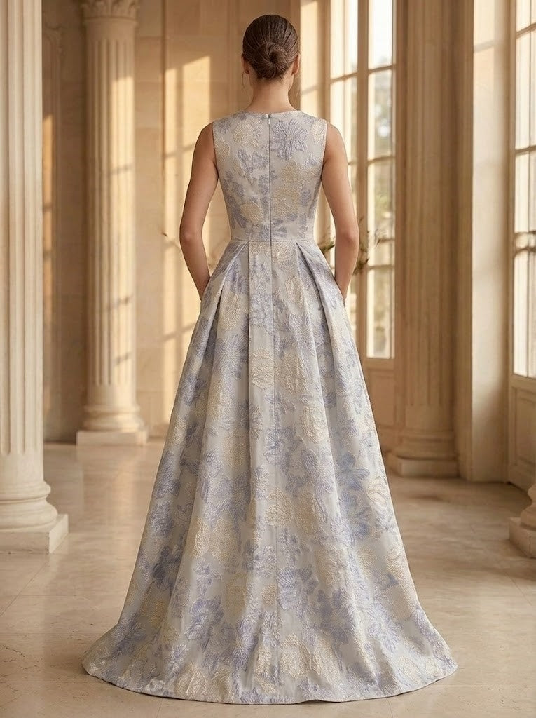 A-Line/Princess Evening Gown Elegant Jacquard Floral Blue Scoop Neck Sleevelss Floor-Length With Pocket