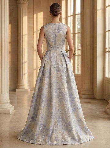 A-Line/Princess Evening Gown Elegant Jacquard Floral Blue Scoop Neck Sleevelss Floor-Length With Pocket