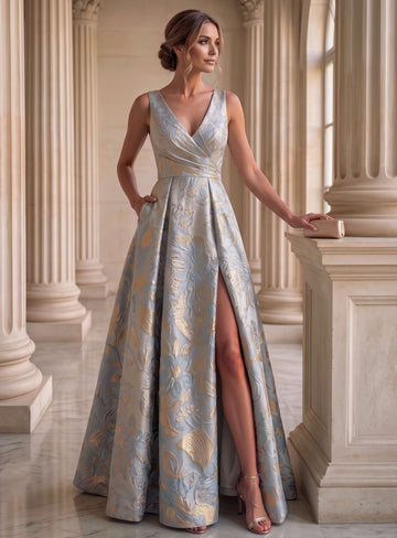 A-Line/Princess Evening Gown Elegant Jacquard Floral Blue V-Neck Sleevelss Floor-Length Side Slit Dress