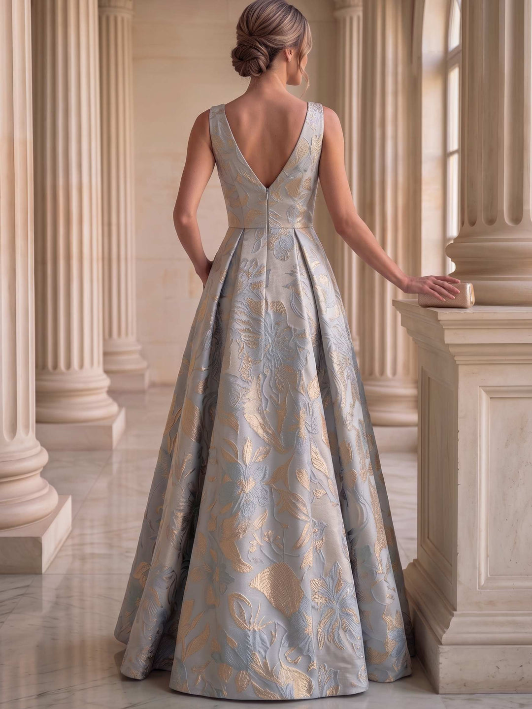 A-Line/Princess Evening Gown Elegant Jacquard Floral Blue V-Neck Sleevelss Floor-Length Side Slit Dress