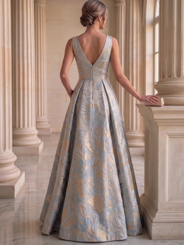 A-Line/Princess Evening Gown Elegant Jacquard Floral Blue V-Neck Sleevelss Floor-Length Side Slit Dress