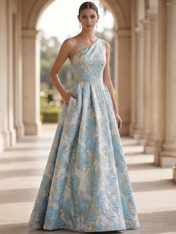 A-Line/Princess Evening Gown Elegant Jacquard Floral Blue One-Shoulder Sleevelss Floor-Length Dress