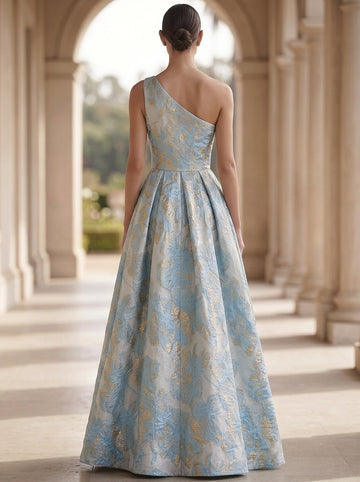 A-Line/Princess Evening Gown Elegant Jacquard Floral Blue One-Shoulder Sleevelss Floor-Length Dress