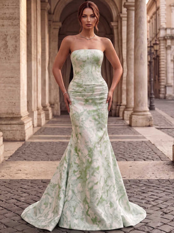 A-Line/Princess Evening Gown Elegant Jacquard Floral Blue Strapless Sleevelss Floor-Length Dress