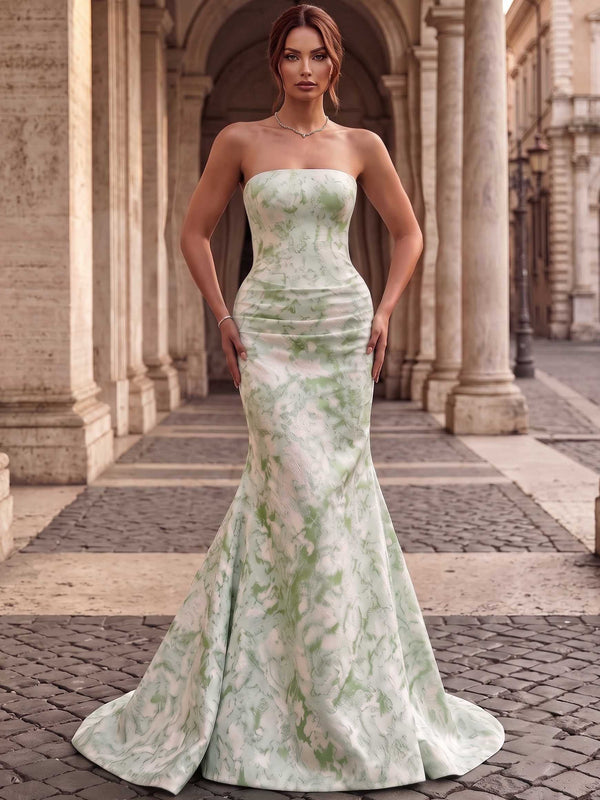 A-Line/Princess Evening Gown Elegant Jacquard Floral Blue Strapless Sleevelss Floor-Length Dress