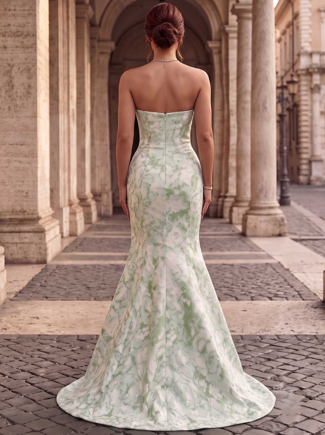 A-Line/Princess Evening Gown Elegant Jacquard Floral Blue Strapless Sleevelss Floor-Length Dress