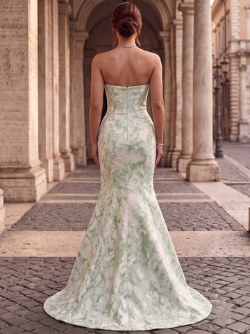 A-Line/Princess Evening Gown Elegant Jacquard Floral Blue Strapless Sleevelss Floor-Length Dress